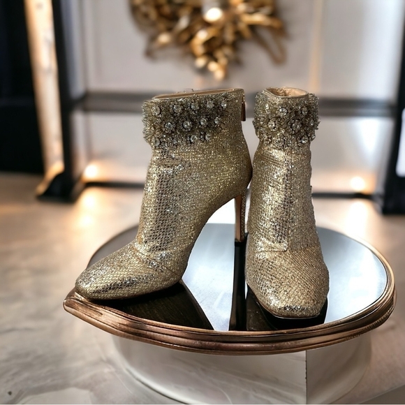 Vince Camuto IM-Lura Gold Glitter Mesh Heeled Ankle Boots Size 8.5 - Picture 1 of 12